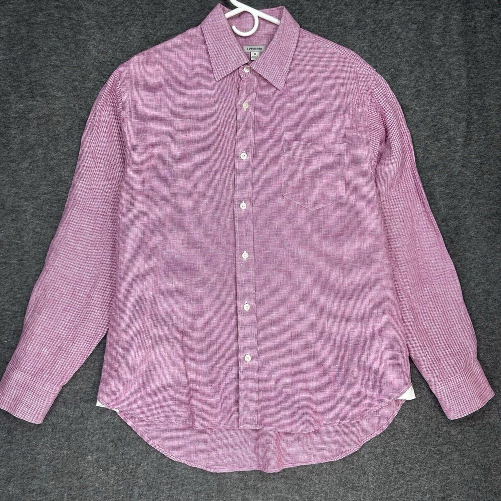 J Peterman button up shirt Mens‎ L red white Micro houndstooth 100% linen